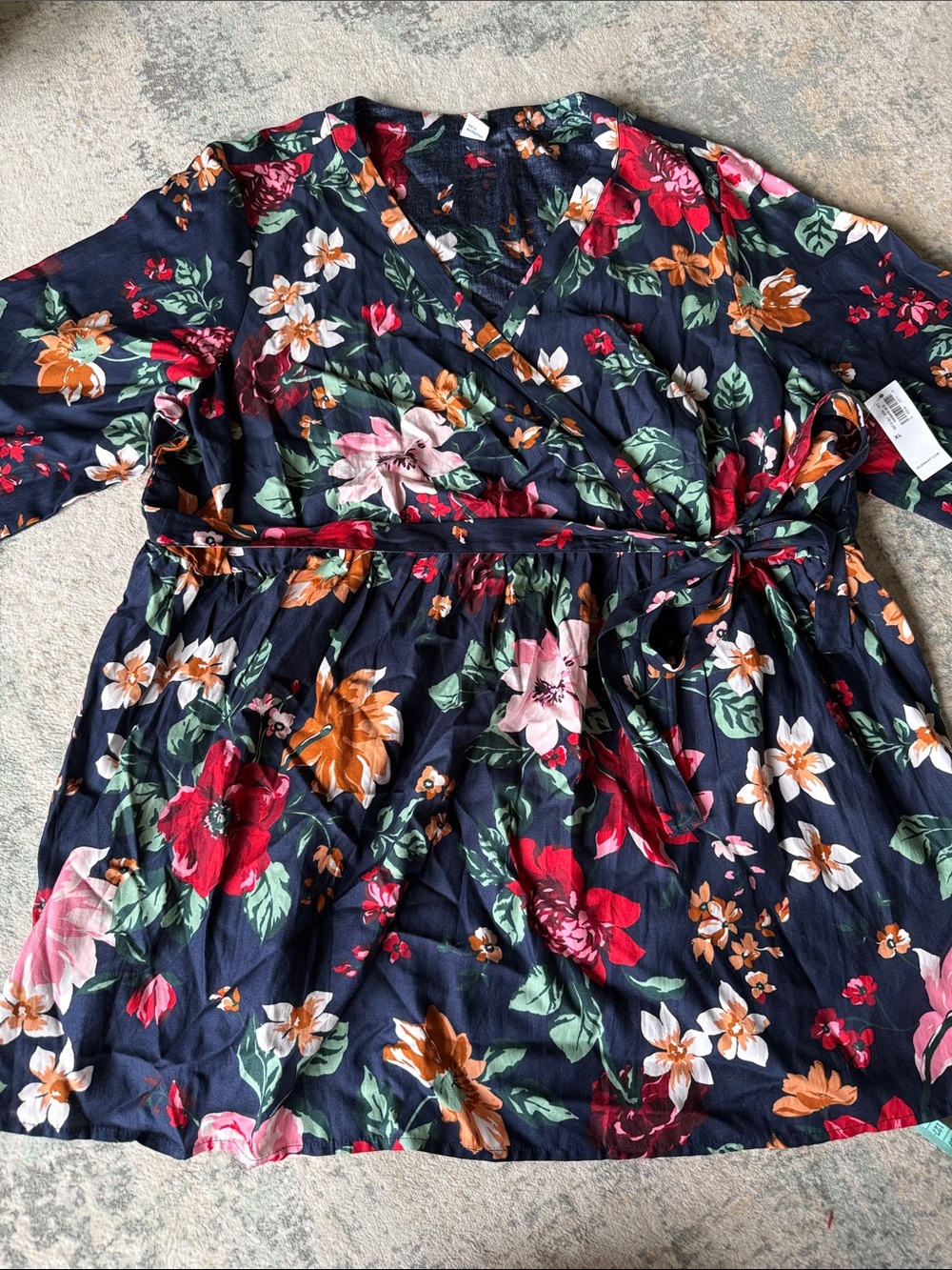 Old Navy Navy Floral Faux Wrap Top with Pink, Red & Orange Blooms, XL